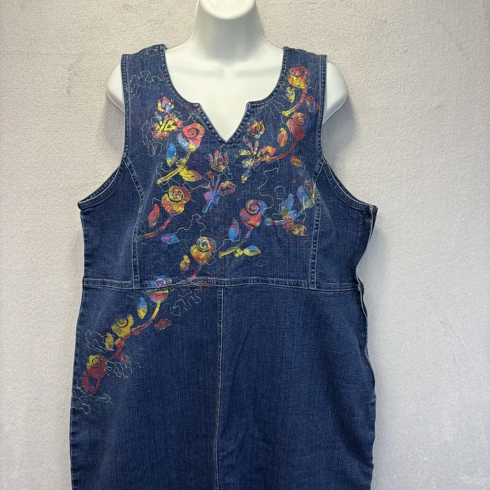 Vintage 90s Denim Painted Maxi Dress Womens XL Blue Floral Embroidered Artsy